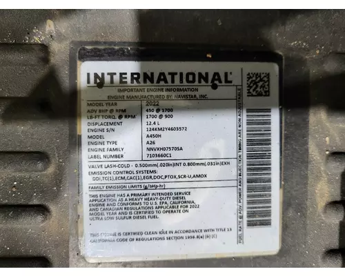 INTERNATIONAL A26 EPA 20 ENGINE ASSEMBLY