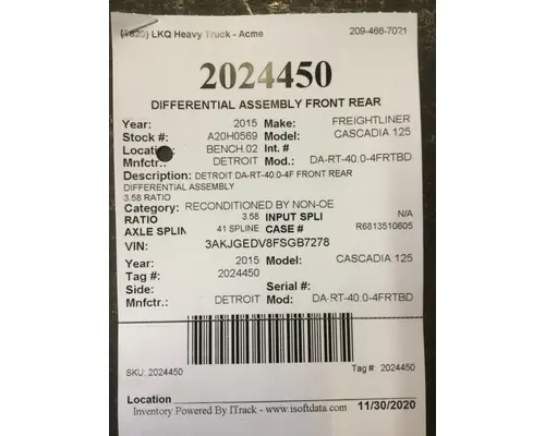 ALLIANCE RT40-4NR358 DIFFERENTIAL ASSEMBLY REAR REAR