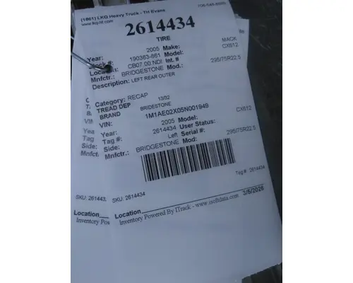 BRIDGESTONE 295/75R22.5 TIRE