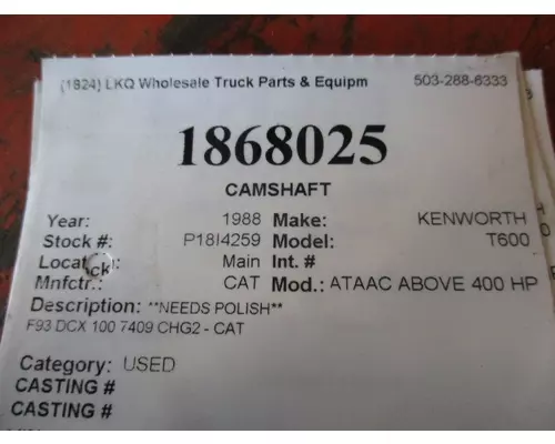 CAT 3406B-ATAAC ABOVE 400 HP CAMSHAFT