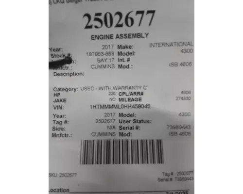 CUMMINS ISB 4606 ENGINE ASSEMBLY