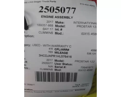 CUMMINS ISX15 4586 ENGINE ASSEMBLY