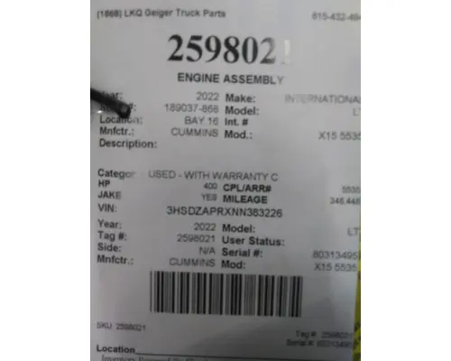 CUMMINS X15 5535 ENGINE ASSEMBLY