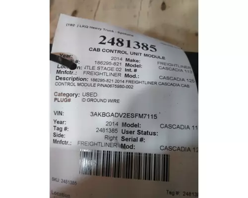 FREIGHTLINER CASCADIA 125 CAB CONTROL UNIT MODULE