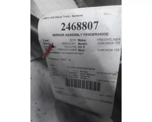FREIGHTLINER CASCADIA 125 MIRROR ASSEMBLY FENDERHOOD