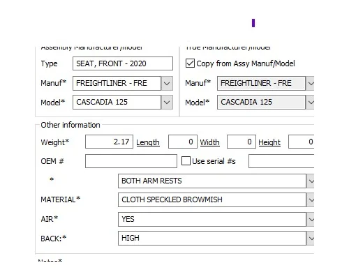 FREIGHTLINER CASCADIA 125 SEAT, FRONT