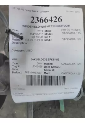 FREIGHTLINER CASCADIA 125 WINDSHIELD WASHER RESERVOIR