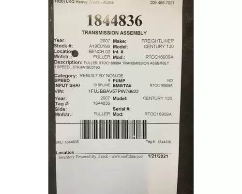 FULLER RTOC16909A TRANSMISSION ASSEMBLY
