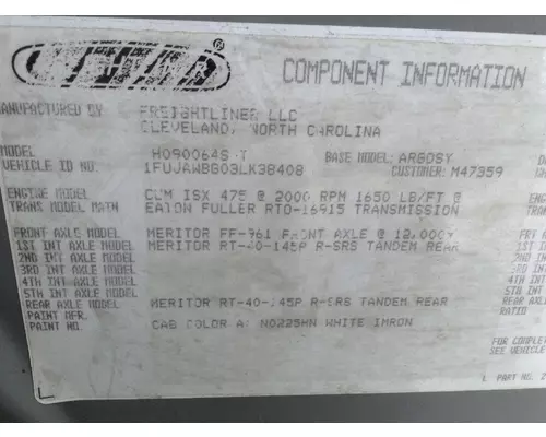 Freightliner ARGOSY Parts Unit