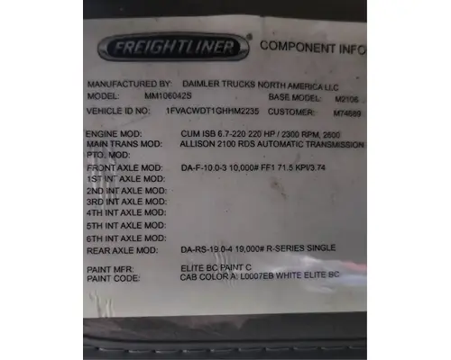 Freightliner M2 106 Axle Assy, Fr (4WD)