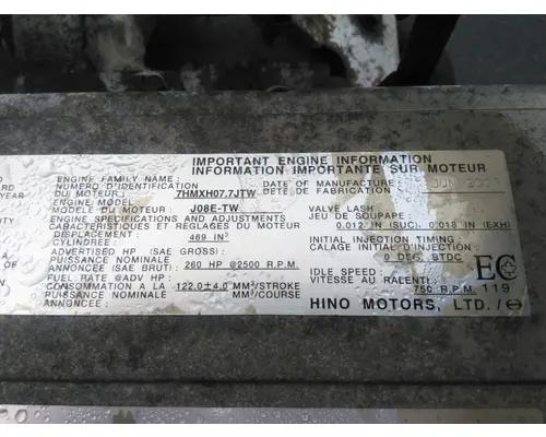 HINO J08E-TV (AIR BRAKE) ENGINE ASSEMBLY