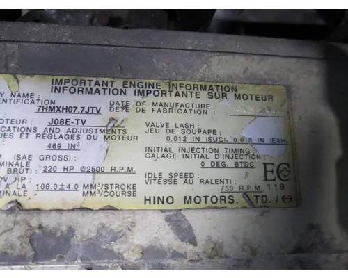 HINO J08E-TV (HYD BRAKE) ENGINE ASSEMBLY