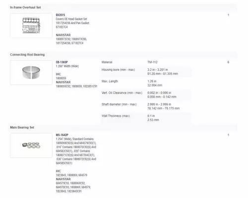 INTERNATIONAL DT466A Engine Overhaul Kit