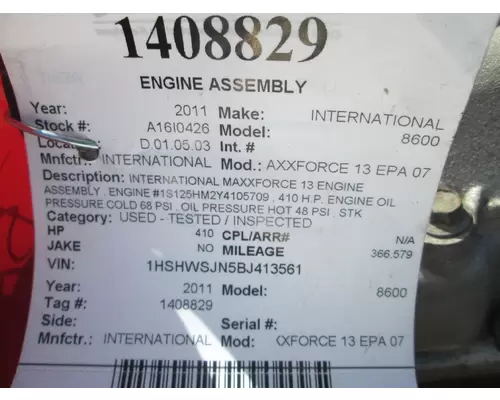INTERNATIONAL MAXXFORCE 13 EPA 07 ENGINE ASSEMBLY