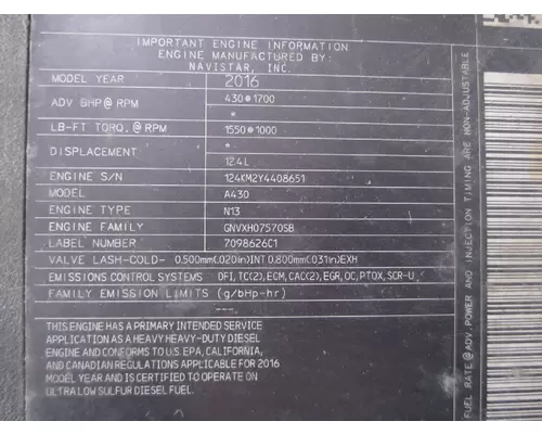 INTERNATIONAL N13 2015< (ECM# 7095698C1) ENGINE ASSEMBLY