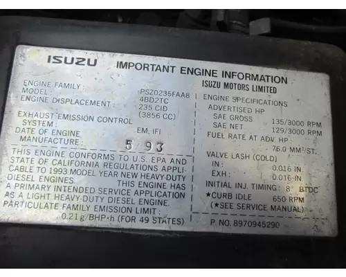 ISUZU 4BD2TC (3.9L) ENGINE ASSEMBLY