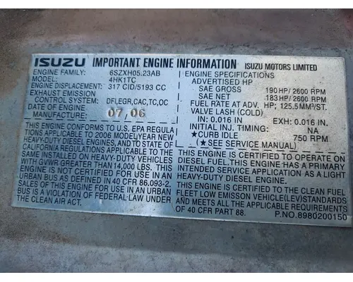 ISUZU 4HK1TC (5.2L) ENGINE ASSEMBLY