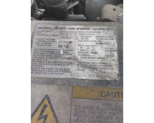 ISUZU 6HK1TC 7.8L DMAX ENGINE ASSEMBLY