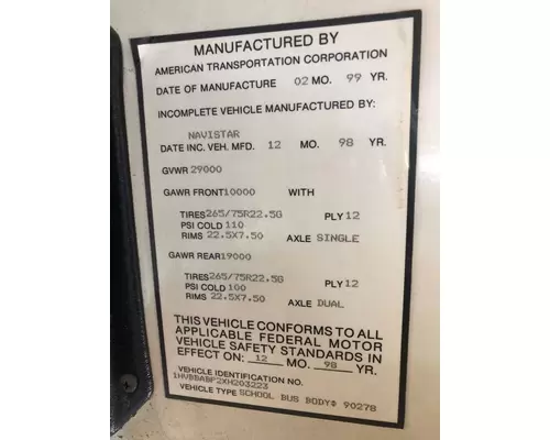 International 3800 CONV BUS Miscellaneous Parts