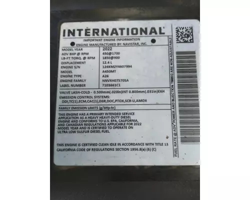 Engine Assembly INTERNATIONAL A26 EPA 20 LKQ Wholesale Truck Parts