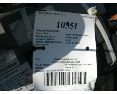 Engine Assembly INTERNATIONAL DT 466E Big 3 Truck Parts, LLC