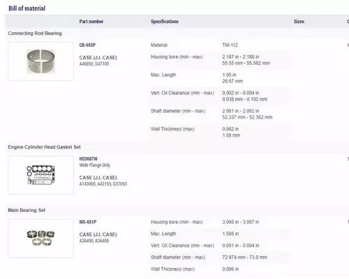 JI CASE 188D Engine Reman Kit
