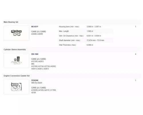 JI CASE 188D Engine Reman Kit