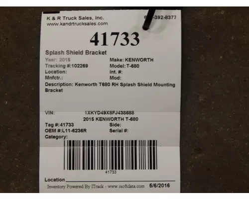 KENWORTH T-680 Bracket, Splash Shield