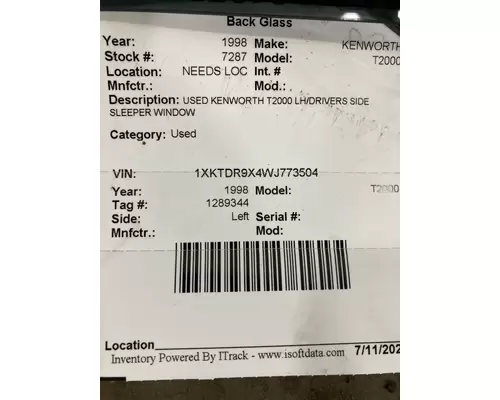 KENWORTH T2000 Back Glass