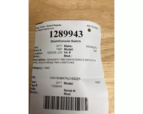 KENWORTH T680 DashConsole Switch