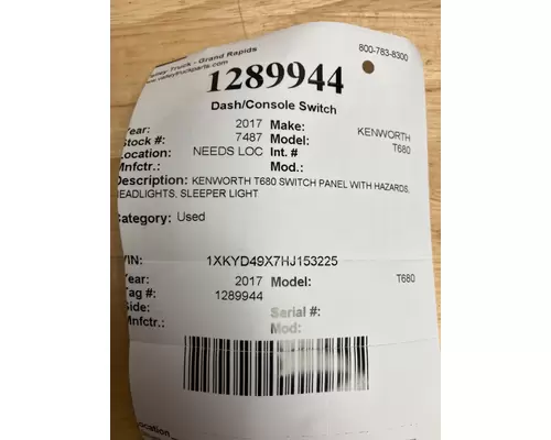 KENWORTH T680 DashConsole Switch