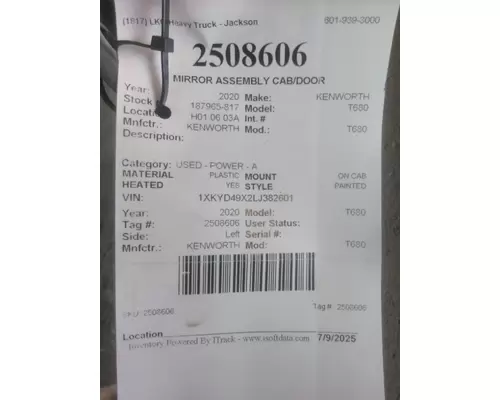 KENWORTH T680 MIRROR ASSEMBLY CABDOOR