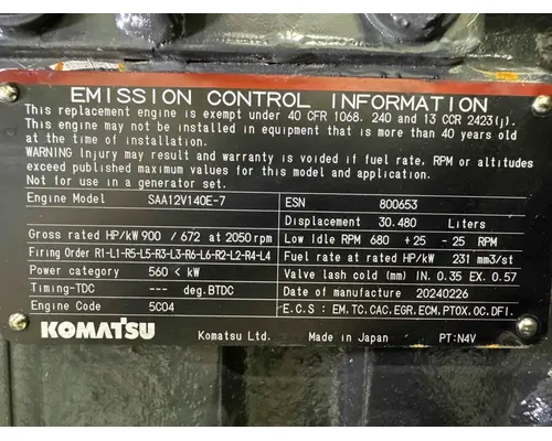 Komatsu SAA12V140E-7 Engine Assembly