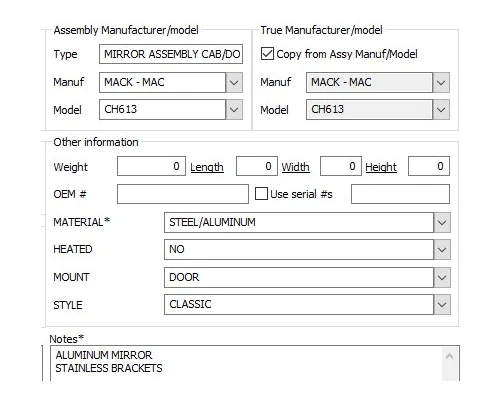 MACK CH613 MIRROR ASSEMBLY CABDOOR