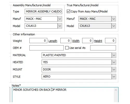 MACK CXU613 MIRROR ASSEMBLY CABDOOR