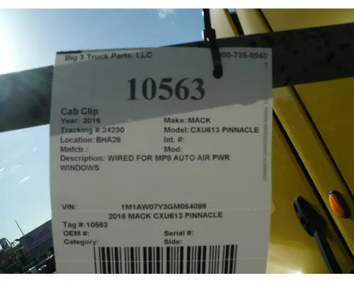 Cab MACK CXU613 PINNACLE Big 3 Truck Parts, LLC