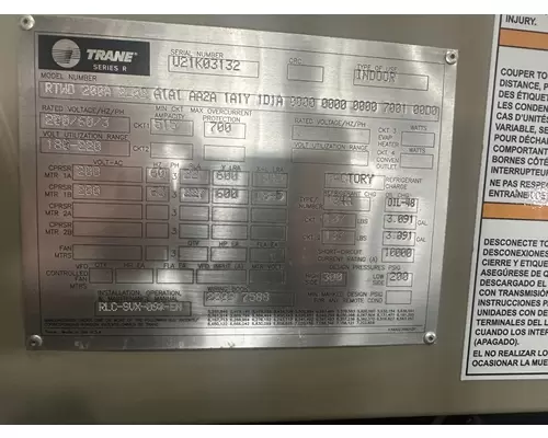 TRANE 200 Ton Water Cooled Chiller Rebuilders