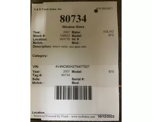 VOLVO 670 Door Glass, Front