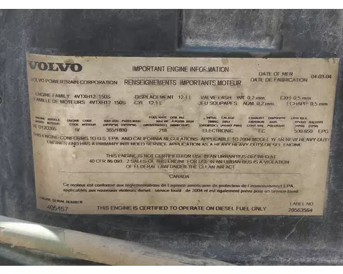 VOLVO VED12D (EGR) EPA 04 ENGINE ASSEMBLY