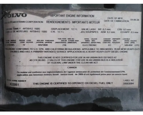 VOLVO VED12D (EGR) EPA 04 ENGINE ASSEMBLY