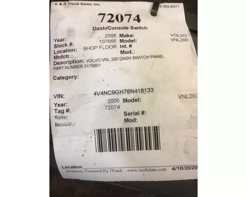 VOLVO VNL Dash  Console Switch