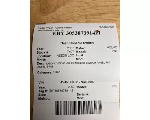 VOLVO VNL DashConsole Switch