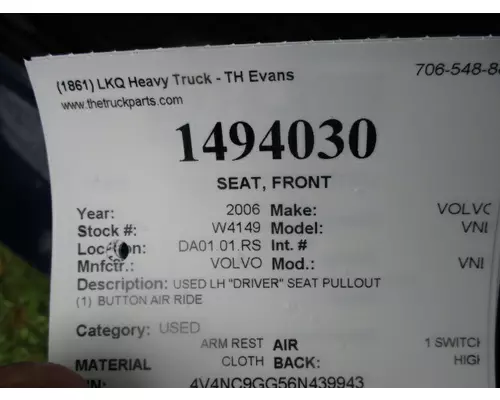 VOLVO VNL SEAT, FRONT