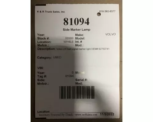 VOLVO VNL Side Marker Lamp, Rear