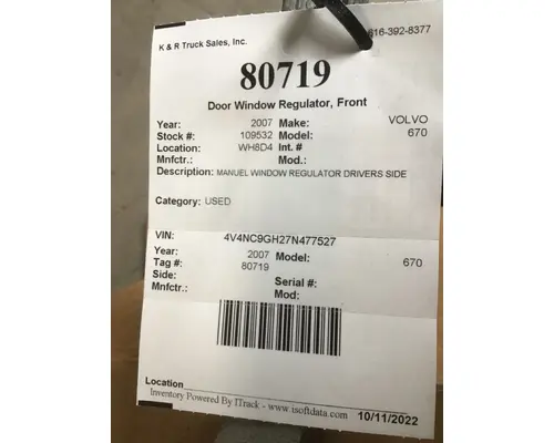 Door Window Regulator, Front VOLVO 670 K &amp; R Truck Sales, Inc.